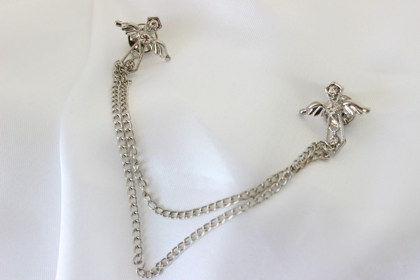 silver angel wing cross brooch