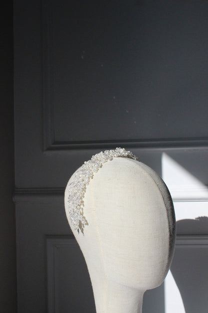 tania bridal headpiece with sparkling crystals on mannequin