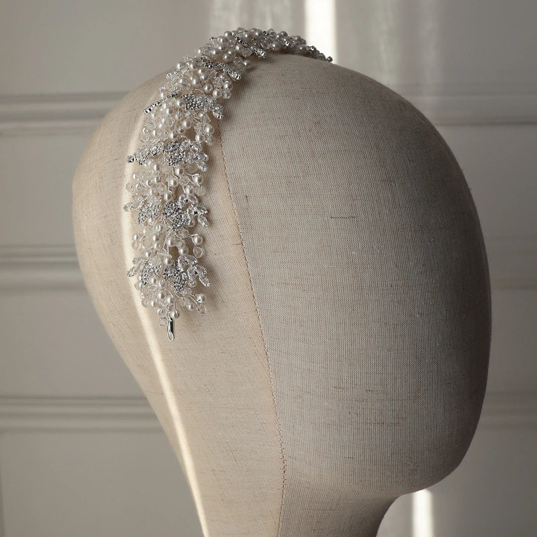 Tania silver bridal headpiece with pearl detailing
