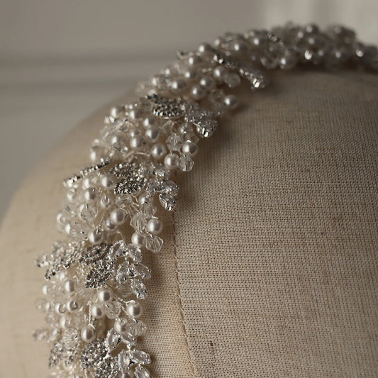 Tania silver wedding headpiece with pearls