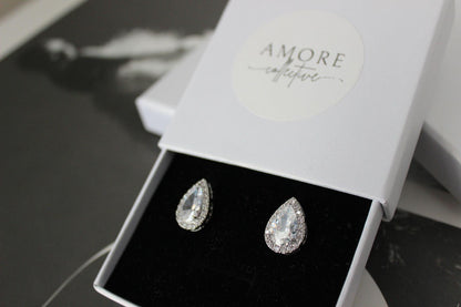 Teardrop Cubic Zirconia Silver Stud Earrings Pear Shape