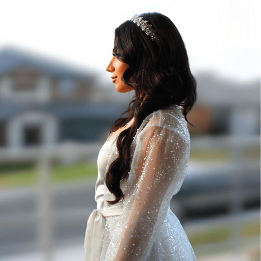 Veronique Sequins Bridal Robe worn by a bride facing sideways