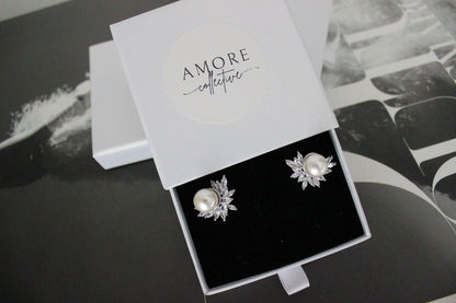 white pearl stud bridal earrings